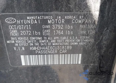2012 Hyundai Elantra Gls (Ulsan Plant) from USA, damaged, VIN KMHDH4AE6CU318189